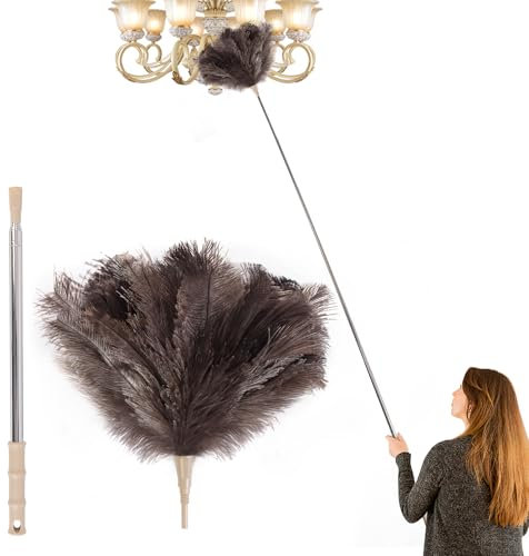 Extendable 81.9 Inch Ostrich Feather Duster with Extension Used for Home Cleaning Ceilings Furniture Fans Washable（1.8M Telescopic Rod,Grey）