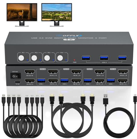 Commutateur KVM HDMI USB 3.0 4 PC 2 Moniteurs avec 3 Ports USB, 4K@60Hz pour 4 Ordinateurs Partageant deux Moniteurs et Clavier Souris, Prend en Charge le Contrôle des Boutons, Compatible EDID