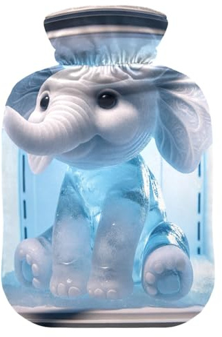 Cute Elephant in Freezer Hot Water Bottle with Soft Velvet Cover Hot Water Bag for Foot Bed Warmer Pain Relief, 1 Liters