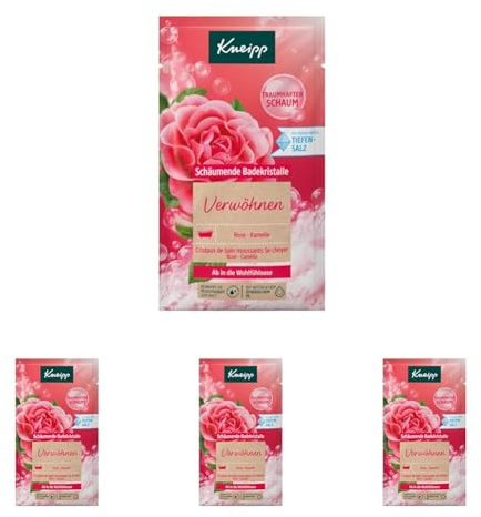 Kneipp Badekristalle Verwöhnen, Badesalz mit Tiefensalz und der Kombination aus natürlichem ätherischen Öl der Damaszener Rose und pflegendem Kamelienöl, langanhaltender Traumschaum, 80g