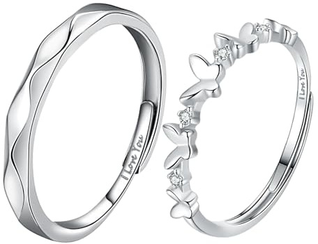 ANAZOZ Anelli Fidanzamento Coppia,Anello Coppia Argento 925,Farfalla con Zirconi Bianco Anelli Regolabili Coppia,Anello con Incisione Personalizzata(I LOVE YOU-C)