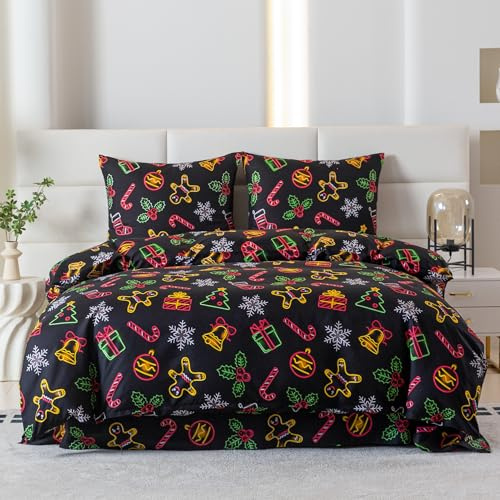 Cotton Market Weihnachtsbettwäsche 155x220 cm 3-teiliges Set mit 2 Kissenbezügen 70x80 cm Weiche Microfaser Neon Design Kuschelige Pflegeleichte Winterbettwäsche mit Reißverschluss
