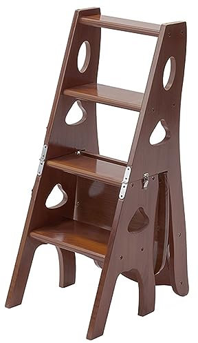 Wooden Folding Library Ladder Chair 3 in 1 Step Stool with Storage Shelf Brown 331lbs Capacity