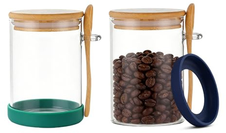 PENGSHU Glass Jars with Bamboo Lids and Spoons – Airtight Storage Containers with Protective Non-Slip Coasters, Kitchen Canisters for Tea, Coffee, Sugar, Overnight Oats, Salt, 450 ML, Set of 2