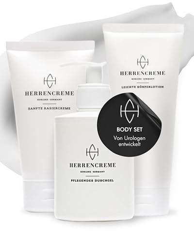 HERREN CREME Men’s Body Care Set (Shower Gel 300 ml + Body Lotion 200 ml + Shaving Cream 150 ml) – Gentle Face & Body Wash – Hydrating Body Lotion – Shaving Cream for Face & Intimate Area