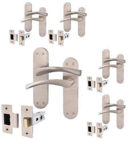 EAI Satin Door Handle & Latch Set - 5 Pair Satin Nickel Internal Lever Handles on Backplate with Latch (64mm) - Novoli Range