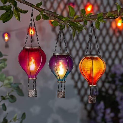 3 Pack Hot Air Ballon Solar Light. Automatically Turns on at Dusk, Realistic Flame Outdoor Hanging SMD LED Hot Air Balloon Lanterns Garden Lights with Handle