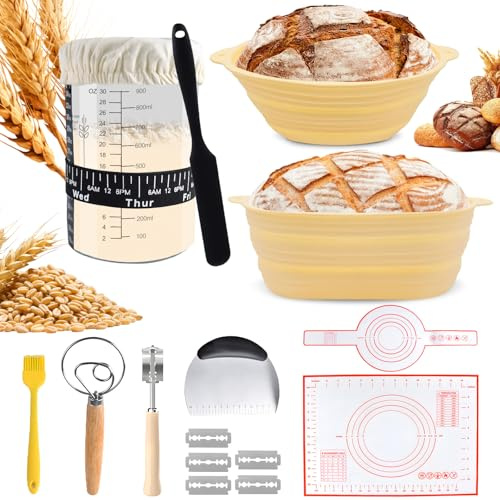 SupRovare Sauerteig Starter Set mit 2 Gärkörbchen, 1000ml Gärglas mit Spatel, Teigschneider & Brotbackzubehör – 10-teiliges Komplettset für Einsteiger | Backzubehör für Brot & Sourdough