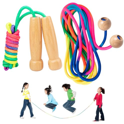 Zyiphor 2 Stück Springseil Kinder Seilspringen für Mehrspieler, Springseil Lang Rope Skipping Seil mit Holzgriff Regenbogenfarben Jump Rope Seilspringen Kids für Schule, Sport (5M/2.8M)