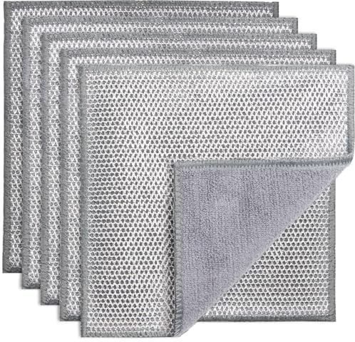 5 Pack Heavy Duty Grease Cleaning Cloth, PIPUHA2-in-1 Scrub + Microfiber Dish Cloth, Non-Scratch Kitchen Cleaning Rag for Pans, Dishes & Countertops