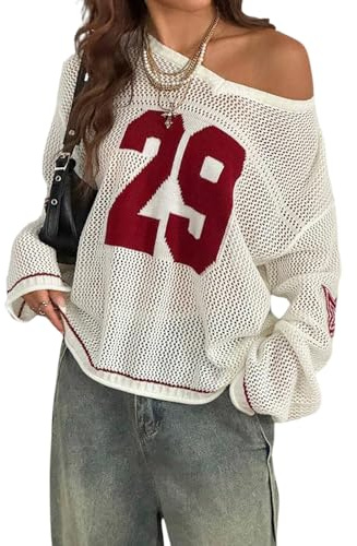 Generisch Tshirt Damen Sommer Oversized Jersey Schulterfrei Shirt Schulterfreies Oberteil für Damen Nummer Grafik T-Shirt Y2k E-Girl Ausgehen Jersey Tops 01-Rot L