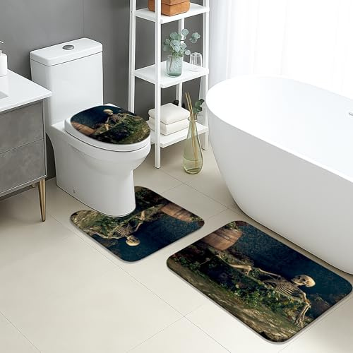 Juego de tapetes de baño de Halloween de 3 piezas, espeluznante esqueleto hiedra absorbente, antideslizante, en forma de U, lavables, góticos, vintage, de secado rápido, de espuma viscoelástica