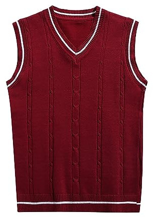 2025 Pull sans manches pour homme avec bordure rayée et col en V Grand trench pour homme, bordeaux, M