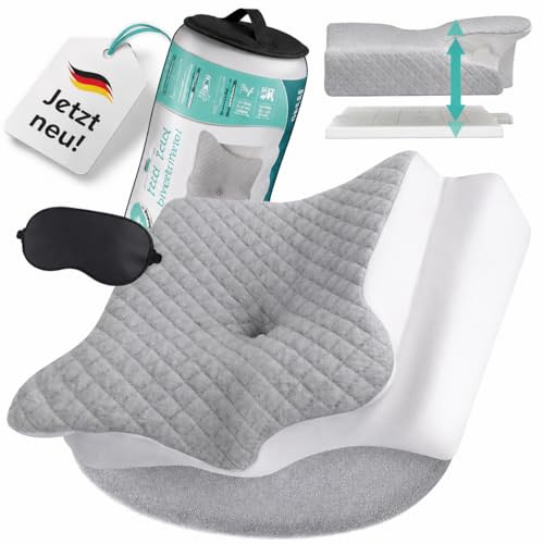 Sleep Good Nackenstützkissen höhenverstellbar mit Spannbezug – Ergonomisches Kopfkissen aus Memory Foam für Seiten-, Rücken- & Bauchschläfer, in 4 verschiedenen Höhen einstellbar