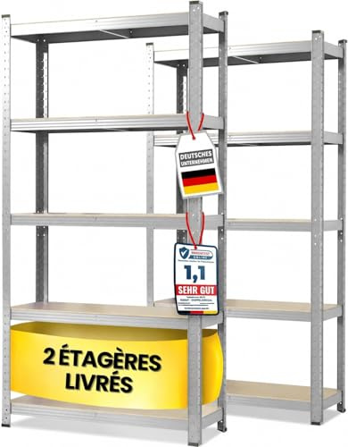 KARAT Étagères pour Charges Lourdes - Étagères Enfichables avec 5 tablettes réglables – Rayonnages en métal Idéal pour Cave Garage Entrepôt - Lot de 2, modèle Lakota (Argent, 180 x 90 x 40 cm)