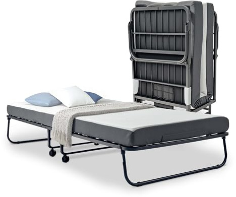 Nestl Folding Bed with 5 Luxury Memory Foam Mattress, Portable Rollaway Guest Bed with Sturdy Frame, Locking Wheels & Cover, Roll Away Fold Up Beds with Mattress for Adults, Twin Foldable Bed 75”x38”