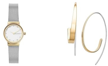 Skagen Damen Freja Lille Silberfarbene Edelstahl Uhr und Kariana Goldfarbene Ohrringe, Set