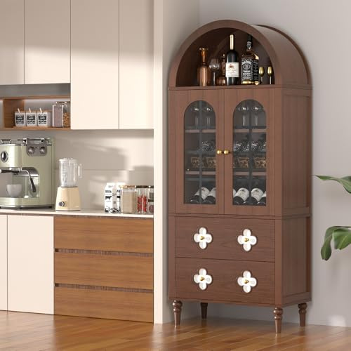 Meulbaty 180 cm Gewölbter Vitrine mit Schublade, gewölbte Schränke mit Glastüren und Regalen für Wohnzimmer, Küche und Schlafzimmer, Montage erforderlich (Braun)