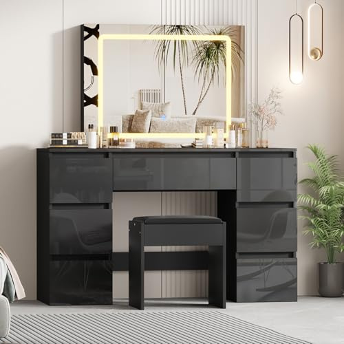 TRIOBLADE White 7 Drawers Dressing Table with Mirror and Stool High Gloss Vanity Desk with 3 Color LED Light Makeup Desk Bedroom Vanity Table Set Ideal for Girls and Women Bedroom Furniture (Black)