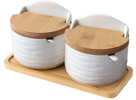 Tarro Especias Tapa Madera - 2 Piezas Salero De Cerámica Antihumedad Con Cuchara- Tarro De Especias Para Azúcar Y Sal Para Mostrador De Cocina