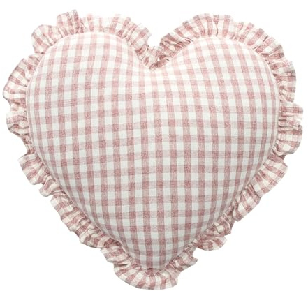 FRANK FLECHTWAREN Herzkissen Vintage Karo, 90% Baumwolle, 10% Leinen, Füllung 100% Polyester, Bezug Nicht Abnehmbar, Ø 35 cm, Weiß