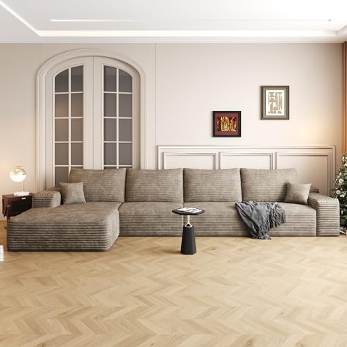 135 Oversized Compressed Sectional Sofa - 33D High-Density Foam Cloud Couch with Deep Seat - Minimalist 3-Piece Corduroy Upholstered Boneless Modular Lounge Couch