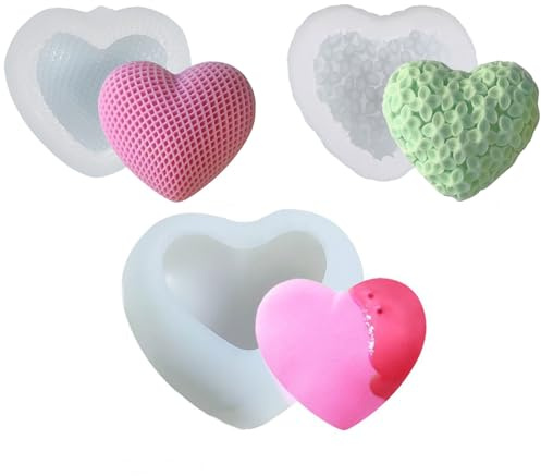 Gansdnek 3 Piezas Molde de Silicona de Corazón, 3D Molde Silicona Velas de Corazón, Moldes Velas de Silicona para Manualidades, Velas Perfumadas, Jabones
