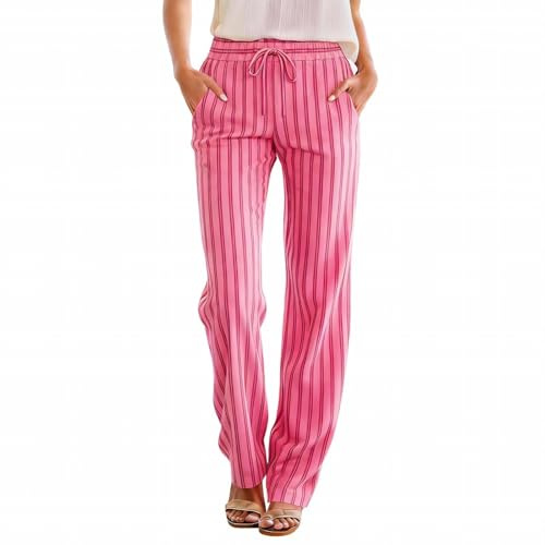 Pantalones de pierna recta para mujer con cintura alta, bolsillos con cordón, para el trabajo, viajes, caminar, descansar y uso casual, detalle de rayas ligeras a rayas diarias, Pink2 Caliente, M