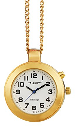 TalkJoy Sprechende Anhänger Uhr Gold - Taschenuhr mit Sprachausgabe, Uhrzeit & Datum auf Knopfdruck, Wecker & stündliche Ansage, für Blinde, Senioren & Sehbehinderte, Damen und Herren