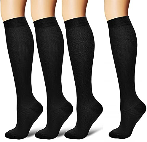 4 Paires Chaussettes de Contention pour Hommes et Femmes Circulation Compression médical 15-20 mmHg Professionnelle Soutien Lors des Vols ou Voyages Unisex Anti-thrombose Anti Varices Noir