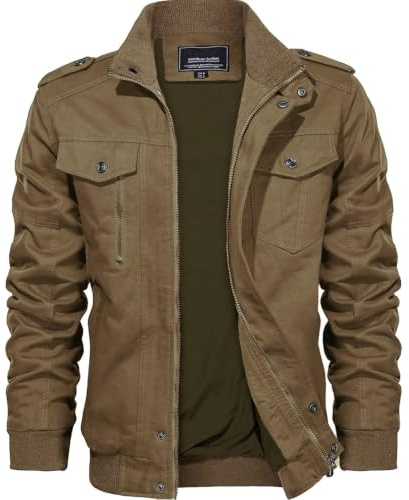 KEFITEVD Men's Jackets Bomber Military Cargo Coat Smart Casual Jacket Stand Collar Cotton Outerwear with Multi Pockets