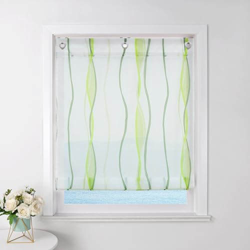 ESLIR Raffrollo mit Ösen Gardinen Küche Raffgardinen Transparent Ösenrollo Vorhänge Mit Wellen-Druck Modern Voile Grün BxH 80x140cm 1 Stück