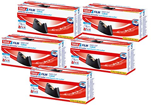 tesa Easy Cut Curve Tischabroller (rutschfest, einfache Handhabung, sauberer Schnitt mit 1 Rolle tesafilm transparent 10m x 19mm) (5x (Curve inkl. 1 Rolle))