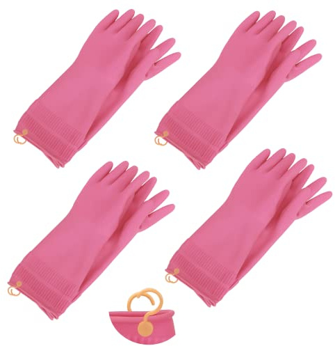 Myungjin Reusable Waterproof Non-Slip Dishwashing Household Cleaning Rubber Gloves with Hang-Dry Hook (4 Pairs/Medium)
