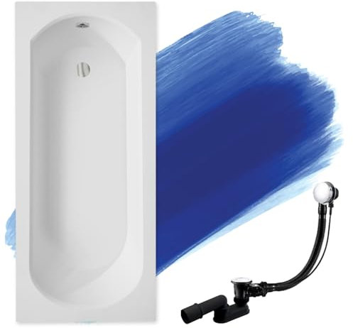BADLAND Badewanne Original Weiß Acryl Wanne Rechteck INTRICA SLIM 150x75 KOMPLETTSET SET + Füßen und Exklusive Chrom Automatik Ablaufgarnitur Made in EU 3in1