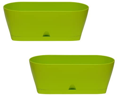 ENGELLAND 2X Blumenkasten Balkonkasten Pflanztopf für Garten Balkon und Tischdeko mit Wasserauffangschale oval grün