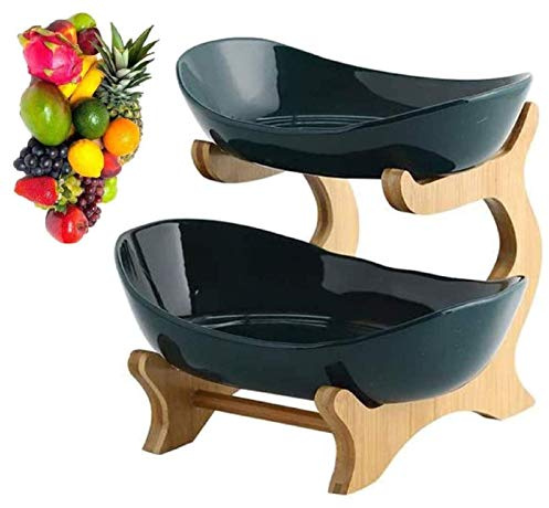 JUNYFFF Corbeille À Fruit 2 Etages Grande Panier À Fruit Bois + Céramique Convient pour Les Familles, Les Centres Commerciaux, Thanksgiving, Noël Cadeau De Vacances,Vert