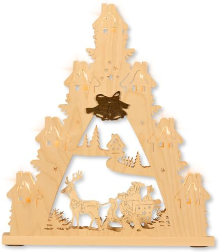 WEIGLA - Lichterspitze original Erzgebirge I Motiv Weihnachtsmann auf Schlitten I LED Lichterbogen Weihnachten I 7 Lampenkerzen + 1 Ersatzlampe I 7 x 34 V, 0,2 W, E10 I Weihnachtsdeko innen I aus Holz