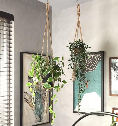 Lang Horn Macrame Plant Hanger 105 cm long, Indoor & Out door hanging planter with hook, garden patio deck, Flower pot hanger, wall art, cotton rope (4Pc Jute Macrame)