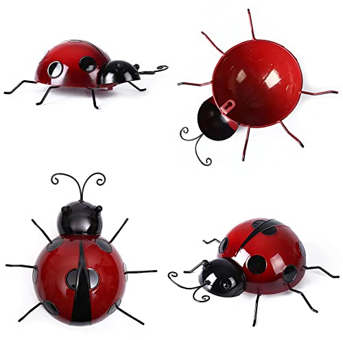 NTCL Niuhong 4 unids decoración jardín Mariquita Escultura Pared Escarabajo Metal Valla jardín Interior decoración balcón óxido Insectos decoración hogar Pared 3D decoración cercas de Insectos Rojo