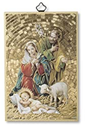 Fratelli Bonella | Quadro Sacro su legno MDF di pioppo 8mm con Mosaico in lamina dorata della Sacra Famiglia Natale con Preghiera sul retro 10 x 15 cm | Made in Italy