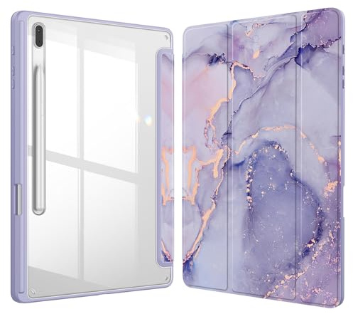 Fintie Hybrid Hülle für Samsung Galaxy Tab S8 Plus 2022/Tab S7 FE 2021/Tab S7 Plus 2020 12.4 Zoll - Stoßfeste Abdeckung mit Transparent Klar Hartschalen Rückseite Schutzhülle, Lila Marmor