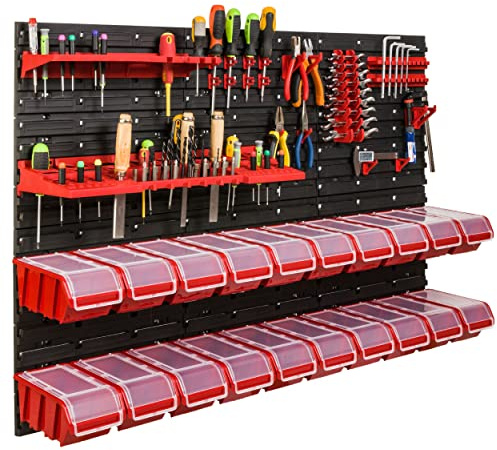 SimpleThing Lagersystem Werkstattregal | 117 x 78 cm | Polypropylen Wandregal mit Stapelboxen - Wandplatten Extra Starke Schüttenregal Warkzeuglochwand Lagerregal Garage Regal (1)