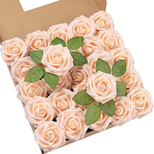 DuHouse 25Pcs Artificial Roses Flowers Fake Rose with Stems Real Touch Foam Flower Head for DIY Wedding Bridal Bouquet Baby Shower Centerpiece Floral Arrangement Party Home Decor(Orange-Pink)