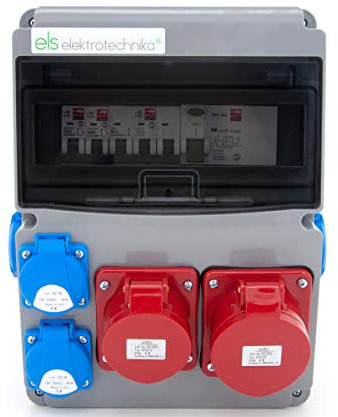 ELS Elektrotechnika Distributore di corrente di costruzione 4 x 230 V + interruttore di linea 2 x LS C16, CEE 16A, CEE 32A + interruttore differenziale FI 40/4/0.03A cablato IP44..