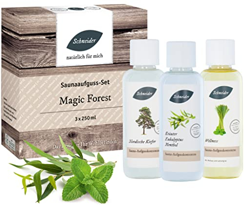 Saunabedarf Schneider - Aufgussset Magic Forest - 3 x 250 ml Inhalt - waldig-frischer Saunaaufguss, wohltuender Mix