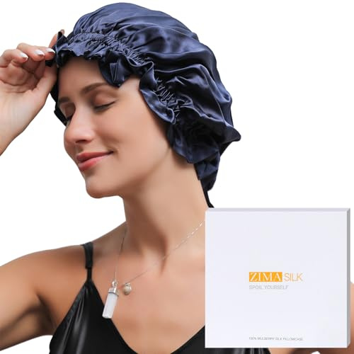 ZimaSilk 100% Mulberry Seide Mütze für Frauen Haarpflege, Doppelschicht Seide Duschmütze, natürliche Seide Haar Wrap zum Schlafen mit elastischem Aufenthalt auf Kopf (1Pc, Marineblau)