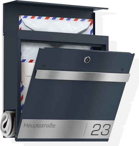 Graviers Design Briefkasten mit Zeitungsfach in Anthrazit RAL 7016 - Postkasten personalisiert Edelstahl Lasergravur Straßenname Hausnummer - Wandbriefkasten Briefbox mit Schloss Zeitungsrolle