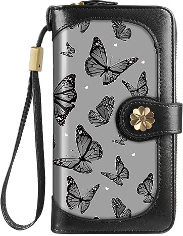 Coco Rossi Women Wallets Multi Card Case Wallet Clutch Wallet Card Holder Organizer Ladies Purse Wrist strap Purse, Black Butterfly