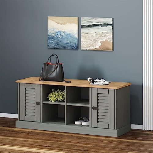 Festnight Schuhbank VIGO Grau Sitzbank mit Stauraum Schuhschrank mit Sitzbank Schuhtruhe Sitzkommode Flurbank mit 4 Fächern und 2 kleinen Aufbewahrungsbank 106x35x40 cm Massivholz Kiefer